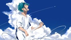 Rule 34 | 1boy, absurdres, aircraft, airplane, black hair, blue hair, blue sky, cable, cloud, contrail, day, earrings, electric guitar, floyd leech, from side, guitar, highres, hinako 95, instrument, jewelry, looking away, male focus, multicolored hair, music, open mouth, playing instrument, profile, sharp teeth, shirt, short hair, short sleeves, singing, sky, solo, streaked hair, t-shirt, teeth, twisted wonderland, upper body, white shirt, yellow eyes