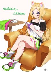 Rule 34 | 1girl, absurdres, aki rosenthal, aki rosenthal (gaming casual), animal ear fluff, bare legs, black shirt, blonde hair, book, closed mouth, commentary, commentary request, crossed legs, cup, disposable cup, dress, english commentary, english text, full body, glasses, highres, holding, holding book, hololive, long hair, looking at viewer, mocacoco339, open book, paint on body, parted bangs, purple eyes, saucer, shirt, shoes, short sleeves, simple background, sitting, smile, solo, spoon, teacup, twintails, very long hair, virtual youtuber, white background, white dress, white footwear