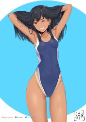 Rule 34 | 1girl, black hair, blue background, blue one-piece swimsuit, breasts, brown eyes, commentary, competition swimsuit, dark-skinned female, dark skin, english commentary, grin, hair ornament, hairclip, highleg, highleg swimsuit, highres, ijiranaide nagatoro-san, long hair, looking at viewer, nagatoro hayase, one-piece swimsuit, one eye closed, small breasts, smile, solo, swimsuit, syyn (syyndev), tan, tanline