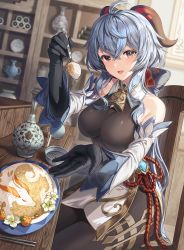 Rule 34 | 1girl, ahoge, bare shoulders, bell, black gloves, blue hair, bodice, bodysuit, bow, bowl, breasts, brown bodysuit, brown legwear, brown leotard, chair, chinese knot, chopsticks, cowbell, detached sleeves, dutch angle, elbow gloves, flower, flower knot, food, fruit, ganyu (genshin impact), genshin impact, gloves, goat horns, gold trim, hair between eyes, hair bow, holding, holding spoon, horns, indoors, large breasts, leotard, leotard under clothes, long hair, long sleeves, looking at viewer, neck bell, on chair, open mouth, orange eyes, plate, porcelain, pov, rice, sidelocks, silence girl, sitting, smile, solo, spoon, table, unfinished, vision (genshin impact), white sleeves, wooden chair, wooden table