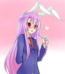 Rule 34 | 1girl, animal ears, arm behind back, blazer, blush, closed mouth, dress shirt, embarrassed, gradient background, heart, holding, holding own hair, jacket, long hair, long sleeves, looking away, necktie, nose blush, open mouth, purple hair, rabbit ears, red eyes, red necktie, reisen udongein inaba, shirt, smile, solo, touhou, very long hair, white shirt, yukina (masyumaro610)