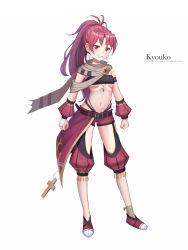 Rule 34 | 1girl, alternate costume, bandaged leg, bandages, belt, belt buckle, blush, breasts, bridal gauntlets, brown eyes, brown scarf, buckle, character name, clenched hands, cross, cross earrings, du mogu, earrings, full body, grin, highleg, highres, jewelry, legs apart, long hair, looking at viewer, mahou shoujo madoka magica, mahou shoujo madoka magica (anime), medium breasts, mouth hold, navel, open mouth, parted bangs, ponytail, red footwear, red hair, red shorts, sakura kyoko, scarf, shoes, shorts, simple background, smile, solo, standing, stomach, strapless, teeth, tube top, underboob, white background