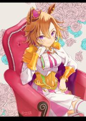 Rule 34 | 1girl, aiguillette, animal ears, armor, breasts, closed mouth, commentary request, couch, crossed legs, crown, dated, ear ornament, floral background, hair between eyes, head rest, highres, horse ears, horse girl, jewelry, medium breasts, merueto, multiple rings, on couch, pink headwear, pink ribbon, pink skirt, pleated skirt, purple eyes, ribbon, ring, short hair, shoulder armor, sitting, skirt, smile, solo, t.m. opera o (umamusume), thighhighs, twitter username, two-tone skirt, umamusume, white skirt, white thighhighs