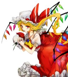 Rule 34 | 1girl, blonde hair, bow, flandre scarlet, flower, hat, hinabu, long hair, red eyes, rose, side ponytail, simple background, skull, solo, touhou, white background, wings