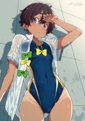 Rule 34 | 1girl, absurdres, against wall, blue one-piece swimsuit, bow, bowtie, breasts, brown hair, competition swimsuit, covered navel, dark-skinned female, dark skin, dripping, food-themed hair ornament, green bow, green bowtie, hair ornament, highres, imigimuru, lemon hair ornament, make heroine ga oo sugiru!, official art, one-piece swimsuit, purple eyes, see-through, shadow, shirt, short hair, small breasts, solo, solo focus, swimsuit, taking off, tan, tanline, thigh gap, third-party source, v-bangs, wet, wet clothes, wet shirt, yakishio remon, yellow bow, yellow bowtie