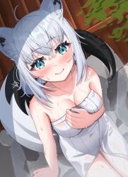 Rule 34 | 1girl, ahoge, animal ear fluff, animal ears, blush, breasts, cleavage, commentary request, earrings, fox ears, fox girl, fox tail, from above, green eyes, hair between eyes, highres, hitanirin, hololive, jewelry, long hair, looking at viewer, medium breasts, naked towel, onsen, pentagram, shirakami fubuki, sidelocks, sitting, smile, solo, tail, towel, virtual youtuber, wet, white hair