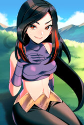 Rule 34 | 1girl, artist name, bare shoulders, belt, black hair, black pants, blue sky, blush, breasts, brown eyes, closed mouth, cloud, commentary, creatures (company), crop top, day, english commentary, game freak, gloves, gradient hair, hand up, highres, long hair, looking at viewer, lucid luna, lucy (pokemon), medium breasts, midriff, multicolored hair, navel, nintendo, outdoors, pants, pantyhose, pokemon, pokemon emerald, pokemon rse, purple gloves, purple shirt, red hair, shirt, sitting, sky, sleeveless, smile, solo, stomach, streaked hair, turtleneck, two-tone hair, very long hair, watermark