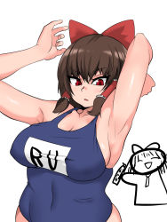 Rule 34 | &gt;:o, 1girl, :o, armpits, arms up, asha, blush, bow, breasts, brown hair, cleavage, cookie (touhou), cowboy shot, curvy, hair bow, hair tubes, hakurei reimu, highres, large breasts, long hair, one-piece swimsuit, plump, red eyes, reu (cookie), school swimsuit, skindentation, solo focus, swimsuit, touhou, tsurime, v-shaped eyebrows