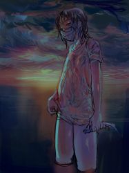 Rule 34 | 1girl, blood, chimata, female focus, highres, holding, holding knife, knife, mask, messy hair, mouth mask, naked shirt, ocean, original, partially submerged, reverse grip, see-through, shirt, solo, sunset, thighs, wading, water, wet, wet clothes