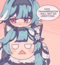 Rule 34 | 1girl, blue hair, bobamiruku, character doll, covering face, english text, eula (genshin impact), eyebrows, genshin impact, highres, holding, holding stuffed toy, long hair, looking away, red eyes, solo, speech bubble, stuffed toy