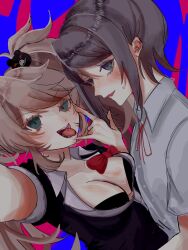 Rule 34 | 2girls, arm around waist, bear hair ornament, black bra, black shirt, blue background, blush, bow, bowtie, bra, breasts, cleavage, collarbone, danganronpa: trigger happy havoc, danganronpa (series), enoshima junko, female focus, fingernails, hair between eyes, hair ornament, hand up, highres, ikusaba mukuro, incest, large breasts, long hair, looking at viewer, m/, multicolored background, multiple girls, neck ribbon, open mouth, pink background, red bow, red ribbon, ribbon, selfie, shirt, short sleeves, siblings, simple background, sisters, sweatdrop, tagme, teeth, tongue, tongue out, twincest, twins, underwear, yuri