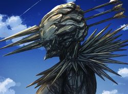 Rule 34 | 1other, arrow (projectile), blue sky, character request, cloud, collar, copyright request, day, from side, monster, outdoors, profile, sharp teeth, sky, solo, spiked collar, spikes, standing, teeth, tumubar117