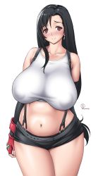 Rule 34 | 1girl, arm at side, arm behind back, artist name, bare shoulders, black hair, black shorts, blush, breasts, closed mouth, collarbone, covered erect nipples, cowboy shot, crop top, earrings, final fantasy, final fantasy vii, fingerless gloves, gloves, huge breasts, jewelry, large areolae, long hair, looking at viewer, mature female, midriff, navel, no bra, nose, onomeshin, plump, red eyes, red gloves, sagging breasts, shirt, short shorts, shorts, simple background, sleeveless, smile, solo, standing, stomach, suspender shorts, suspenders, tank top, tareme, taut clothes, taut shirt, thighs, tifa lockhart, very long hair, white background, wide hips