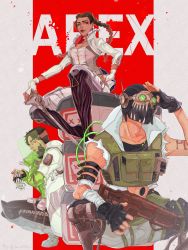 Rule 34 | 1girl, 2boys, apex legends, aro (vexen), assault rifle, black footwear, black gloves, black hair, black headwear, boots, braid, breasts, brown eyes, brown hair, cable, collarbone, corset, cropped vest, crypto (apex legends), death box (apex legends), energy gun, eyeshadow, fingerless gloves, floating hair, gloves, goggles, gradient hair, green vest, grey gloves, gun, havoc energy rifle, highres, holding, holding gun, holding staff, holding weapon, holographic interface, jacket, knee boots, loba (apex legends), makeup, mask, mechanical legs, medium breasts, mouth mask, multicolored hair, multiple boys, nail polish, octane (apex legends), pants, red eyeshadow, red hair, red nails, rifle, sitting, smile, staff, twin braids, vest, weapon, white gloves, white jacket, white pants