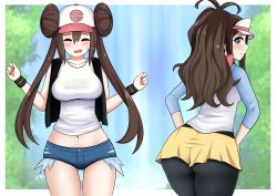 Rule 34 | 2girls, angry, ass, baseball cap, blue eyes, blush, breasts, brown hair, closed eyes, cosplay, costume switch, creatures (company), double bun, game freak, grass, hair bun, hat, highres, hilda (pokemon), huge ass, large breasts, looking at viewer, looking back, low twintails, multiple girls, navel, nintendo, open mouth, pantyhose, pokemon, pokemon bw, pokemon bw2, ponytail, rosa (pokemon), short shorts, shorts, single hair bun, sweatdrop, tank top, the only shoe, twintails, vest, visor cap, wristband