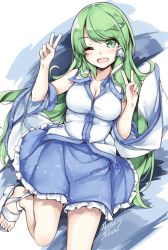 Rule 34 | 1girl, ;d, bad id, bad twitter id, bare shoulders, blue skirt, blush, breasts, cleavage, collared shirt, cowboy shot, detached sleeves, double v, frog hair ornament, green eyes, green hair, hair ornament, hair tubes, highres, kochiya sanae, leg up, long hair, long sleeves, looking at viewer, maremay0513, medium breasts, nontraditional miko, one eye closed, open mouth, shirt, skirt, sleeveless, sleeveless shirt, smile, snake hair ornament, solo, swept bangs, touhou, v, white shirt, wide sleeves