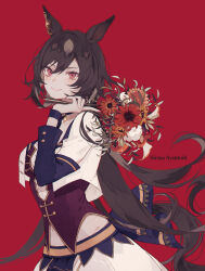 Rule 34 | 1girl, animal ears, breasts, brown hair, character name, choker, cropped jacket, ear covers, flower, hair between eyes, highres, holding, holding flower, horse ears, horse girl, horse tail, light brown hair, long hair, long sleeves, medium breasts, multicolored hair, navel, over shoulder, red background, red eyes, red flower, satsuki (miicat), simple background, single ear cover, sirius symboli (umamusume), skirt, smile, solo, starting future (umamusume), tail, two-tone hair, umamusume, white flower, wrist straps