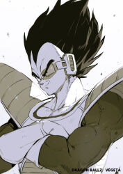 Rule 34 | 1boy, absurdres, character name, closed mouth, collarbone, commentary request, copyright name, crossed arms, dragon ball, dragonball z, gloves, gradient background, grey background, greyscale, highres, male focus, monochrome, saiyan armor, scouter, short hair, smile, solo, toridamono, vegeta