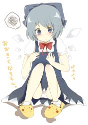 Rule 34 | 1girl, blue hair, bow, bowtie, breast conscious, cirno, creatures (company), dress, embodiment of scarlet devil, female focus, full body, game freak, gen 1 pokemon, house shoes, mono (recall), nintendo, panties, pantyshot, pikachu, pokemon, pokemon (creature), short hair, touhou, translated, underwear, white background