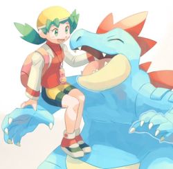 Rule 34 | 1girl, bad id, bad twitter id, bike shorts, blush, commentary request, creatures (company), cropped jacket, feraligatr, game freak, gen 2 pokemon, green eyes, green hair, jacket, knees, kris (pokemon), long hair, long sleeves, nintendo, open clothes, open jacket, open mouth, pokemon, pokemon (creature), pokemon gsc, riding, riding pokemon, shoes, sitting, smile, teeth, tongue, torinoko (miiko draw), twintails