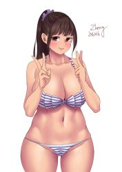 Rule 34 | 1girl, 2016, bikini, breasts, brown eyes, brown hair, cameltoe, cleavage, cowboy shot, dated, double v, large breasts, long hair, looking at viewer, matching hair/eyes, navel, original, plump, ponytail, smile, solo, striped bikini, striped clothes, swimsuit, v, wide hips, zheng
