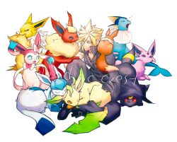 Rule 34 | 1boy, armor, belt, blonde hair, blue eyes, closed eyes, closed mouth, cloud strife, commentary request, creatures (company), eevee, espeon, evolutionary line, final fantasy, final fantasy vii, final fantasy vii advent children, flareon, fluffy, forked tail, game freak, gen 1 pokemon, gen 2 pokemon, gen 4 pokemon, gen 6 pokemon, glaceon, gloves, highres, holding, holding pokemon, jolteon, leafeon, male focus, multiple belts, nintendo, on shoulder, open mouth, pants, pokemon, pokemon (creature), pokemon on shoulder, prehensile ribbon, rukashio, short hair, shoulder armor, single shoulder pad, sitting, smile, spiked hair, sylveon, tail, turtleneck, twitter username, umbreon, vaporeon