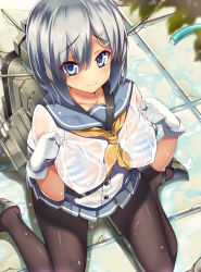 Rule 34 | 10s, 1girl, black pantyhose, blue eyes, blush, bra, breasts, gloves, hair ornament, hamakaze (kancolle), highres, hose, kantai collection, large breasts, looking at viewer, naha78, pantyhose, school uniform, see-through, serafuku, short hair, silver hair, sitting, skirt, solo, striped bra, striped clothes, underwear, wariza, water, wet, wet clothes, white gloves
