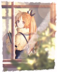 Rule 34 | 1girl, arknights, armband, blurry, blurry foreground, book, closed mouth, hand up, highres, holding, holding book, lens flare, long hair, long sleeves, looking at viewer, looking back, mole, mole under eye, niwatori (akira 207), orange hair, parted bangs, pinecone (arknights), ponytail, smile, solo, suspenders, sweater, turtleneck, turtleneck sweater, upper body, window