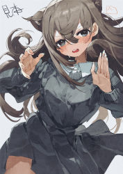 Rule 34 | 1girl, animal ears, black skirt, black sweater, blue eyes, blush, brown hair, cat ears, collared shirt, commentary request, cowboy shot, grey background, hands up, highres, long hair, long sleeves, looking at viewer, open mouth, original, potg (piotegu), shirt, simple background, skirt, solo, sweatdrop, sweater, teeth, upper teeth only, white shirt