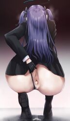 Rule 34 | 1girl, after anal, aftersex, ass, black gloves, black jacket, black panties, blue archive, blue hair, commentary request, cum, cum in ass, from behind, gloves, halo, ibara azuki, jacket, long hair, long sleeves, panties, pulling own clothes, pussy, solo, squatting, thighs, two side up, underwear, yuuka (blue archive)