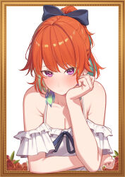 Rule 34 | 1girl, absurdres, alternate costume, blush, bow, breasts, cleavage, closed mouth, colored inner hair, elbow rest, erezu, flower, frills, green hair, hair bow, highres, hololive, hololive english, looking at viewer, medium breasts, multicolored hair, orange hair, picture frame, ponytail, purple eyes, red flower, red rose, ribbon, rose, shirt, smile, solo, spaghetti strap, streaked hair, takanashi kiara, upper body, virtual youtuber, white shirt