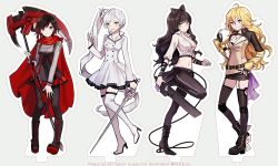 Rule 34 | 4girls, alternate costume, bad id, bad twitter id, black hair, blake belladonna, blonde hair, commentary request, crescent rose, ecru, ember celica (rwby), full body, gambol shroud, holding, holding sword, holding weapon, multiple girls, myrtenaster, pantyhose, red hair, ruby rose, rwby, sword, thighhighs, weapon, weiss schnee, white hair, yang xiao long