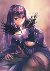 Rule 34 | 1girl, :o, absurdres, between breasts, breasts, cleavage, commentary request, dress, faicha, fate/grand order, fate (series), fur trim, hair between eyes, highres, large breasts, long hair, looking at viewer, lying, on side, purple dress, purple hair, red eyes, scathach (fate), scathach skadi (fate), silver trim, simple background, solo, thighhighs, tiara, wand