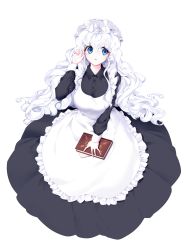 Rule 34 | 1girl, bad id, bad pixiv id, black shirt, blue eyes, blush, book, breasts, collared shirt, harin 0, hat, highres, holding, holding book, large breasts, long hair, looking at viewer, maid, messy hair, mob cap, original, parted lips, shirt, solo, very long hair, wavy hair, white hair
