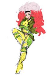 Rule 34 | 10s, 1girl, bad id, bad tumblr id, belt, big hair, bodysuit, boots, breasts, commentary, crossed arms, curvy, green eyes, headband, jacket, long hair, marvel, medium breasts, multicolored clothes, multicolored hair, red hair, rogue (x-men), sketch, slugbox, smirk, solo, thigh boots, thighhighs, two-tone hair, unfinished, white hair, x-men