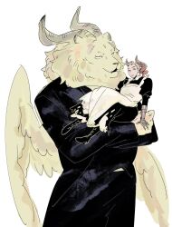 Rule 34 | 2boys, animal ears, black dress, black footwear, black jacket, black pants, body fur, boots, butler, carrying, carrying person, closed mouth, commentary, cowboy shot, crossdressing, dress, dungeon meshi, english commentary, facing another, feathered wings, furry, furry male, gauntlets, highres, horns, jacket, juliet sleeves, laios touden, laios touden (demon king), lion boy, lion ears, long sleeves, looking at viewer, maid, male focus, multiple boys, pants, puffy sleeves, simple background, smile, standing, tuxedo, white background, winged lion (dungeon meshi), wings, yellow fur, yellow wings, ylisseantactics