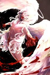 Rule 34 | 1other, 3chi8ru, androgynous, angel, angel wings, arched back, blood, blood on hands, blood splatter, colored eyelashes, fangs, guro, halo, highres, injury, long hair, looking at viewer, messy hair, nude, open mouth, original, other focus, outstretched arms, solo, spread arms, teeth, white eyes, white hair, wings