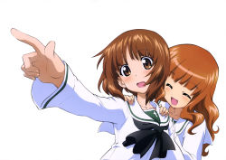 Rule 34 | 10s, 2girls, :d, ^ ^, absurdres, blush, brown hair, collarbone, closed eyes, girls und panzer, hands on another&#039;s shoulders, highres, index finger raised, long hair, multiple girls, nishizumi miho, official art, ooarai school uniform, open mouth, pointing, school uniform, serafuku, shirt, short hair, simple background, smile, sweatdrop, takebe saori, wavy mouth, white background, white shirt