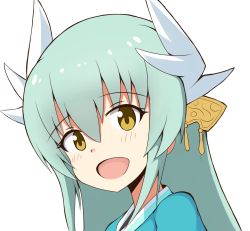Rule 34 | 1girl, :d, blue kimono, blush, brown eyes, dragon horns, fate/grand order, fate (series), green hair, hair between eyes, head tilt, headgear, highres, horns, japanese clothes, kimono, kiyohime (fate), long hair, looking at viewer, mitchi, open mouth, simple background, smile, solo, white background