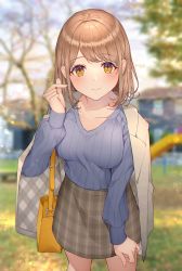 Rule 34 | 1girl, bag, blue sweater, blurry, blush, breasts, brown hair, brown skirt, chromatic aberration, collarbone, day, depth of field, hand on own thigh, hand up, heart, highres, jacket, jacket on shoulders, light particles, looking at viewer, orange eyes, original, outdoors, park, plaid, plaid skirt, ribbed sweater, shoulder bag, skirt, smile, solo, standing, sweater, tree, usamochi., v-neck