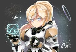 Rule 34 | 1girl, alternate hairstyle, armor, blonde hair, blue eyes, dog tags, enoxarte, full armor, halo (series), halo infinite, hand on own chest, heart, heart-shaped pupils, highres, hologram, looking at viewer, original, ponytail, rayneki (kurtzpel), smile, spartan (halo), symbol-shaped pupils