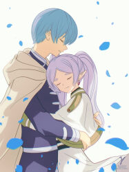 Rule 34 | 1boy, 1girl, blue hair, blue tunic, cloak, closed eyes, closed mouth, commentary request, dress, drop earrings, earrings, elf, falling petals, frieren, head rest, himmel (sousou no frieren), hug, jewelry, long hair, parted bangs, parted lips, petals, pointy ears, short hair, simple background, sousou no frieren, takasaka light, twintails, twitter username, white background, white cloak, white dress, white hair