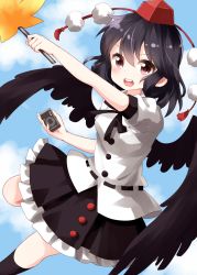 Rule 34 | arms up, belt, bird wings, black hair, black socks, black ribbon, black skirt, blue sky, blush, camera, cloud, day, feather fan, feathered wings, feet out of frame, flying, hand fan, hat, highres, holding, holding camera, holding fan, kneehighs, looking at viewer, neck ribbon, open mouth, outstretched arm, pom pom (clothes), puffy short sleeves, puffy sleeves, red eyes, ribbon, ruu (tksymkw), shameimaru aya, shirt, short hair, short sleeves, skirt, sky, socks, solo, teeth, tokin hat, touhou, untucked shirt, upper teeth only, white shirt, wings