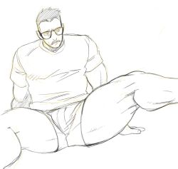 Rule 34 | 1boy, bara, billy russell (dickfish), boxers, bulge, dickfish (fishismdick), facial hair, feet out of frame, glasses, graphite (medium), hands on floor, highres, large pectorals, looking to the side, male focus, male underwear, mature male, muscular, muscular male, mustache, no pants, original, pectorals, sanpaku, short hair, sketch, solo, spread legs, thick thighs, thighs, traditional media, underwear, wide spread legs