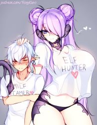 Rule 34 | black panties, breasts, character request, closed eyes, clothes writing, copyright request, elf, embarrassed, english text, foxykuro, headpat, heart, horns, kurona reole, large breasts, mature female, panties, pointy ears, purple eyes, purple hair, scales, shirt, shirt writing, smile, source request, t-shirt, tail, tall female, twintails, underwear, white hair, white shirt