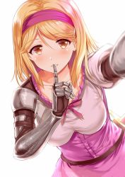 Rule 34 | 10s, 1girl, aldehyde, armor, blonde hair, breasts, collarbone, djeeta (granblue fantasy), dress, dutch angle, fighter (granblue fantasy), finger to mouth, gauntlets, granblue fantasy, hairband, index finger raised, looking at viewer, medium breasts, parted lips, pauldrons, pink dress, puffy sleeves, reaching, reaching towards viewer, shirt, short hair, shoulder armor, shushing, simple background, sketch, solo, upper body, white background, white shirt, yellow eyes