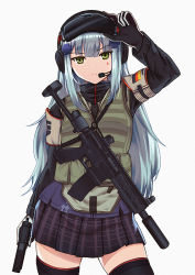 Rule 34 | 1girl, alternate costume, assault rifle, black gloves, blue hair, blunt bangs, closed mouth, facial mark, girls&#039; frontline, gloves, green eyes, gun, h&amp;k hk416, hair ornament, headset, hk416 (girls&#039; frontline), long hair, long sleeves, looking at viewer, parody, persocon93, pleated skirt, pouch, rainbow six siege, rifle, simple background, skirt, solo, teardrop, thighhighs, vest, weapon, white background