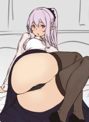 Rule 34 | 1girl, ass, black footwear, black panties, black scrunchie, breasts, collared shirt, commentary request, elf, from side, grey hair, grey thighhighs, hair between eyes, hair ornament, hair scrunchie, houtengeki, long sleeves, looking at viewer, lying, original, panties, parted lips, pink eyes, pointy ears, ponytail, purple hair, scrunchie, shirt, shoes, sidelocks, solo, split, thighhighs, thighs, underwear, white shirt