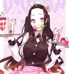 Rule 34 | 1girl, apron, black hair, black vest, blush, breasts, brown hair, bubble tea, collared shirt, commentary, dango, drinking straw, food, food in mouth, forehead, fox mask, fruit, gradient hair, hair ribbon, highres, holding, holding tray, kamado nezuko, kimetsu no yaiba, long sleeves, looking at viewer, maid headdress, mask, medium breasts, misumi (macaroni), mouth hold, multicolored hair, parfait, parted bangs, pink apron, pink eyes, pink ribbon, ribbon, sanshoku dango, shirt, solo, strawberry, tray, upper body, vest, wagashi, waitress, white shirt