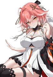 Rule 34 | 1girl, ahoge, armpit crease, bare shoulders, black bow, black collar, black jacket, black sleeves, black thighhighs, blush, bow, braid, breasts, bright pupils, changli (wuthering waves), cleavage, collar, colored extremities, commentary request, detached sleeves, dress, elze (s01047480836), feet out of frame, hair between eyes, hair bow, hair extensions, hair intakes, hair ornament, halterneck, hand up, highres, jacket, korean commentary, large breasts, long hair, looking at viewer, multicolored hair, pink hair, red hands, simple background, sitting, smile, solo, tacet mark (wuthering waves), thigh strap, thighhighs, twin braids, two-tone hair, white background, white bow, white dress, white hair, white pupils, wuthering waves, yellow eyes